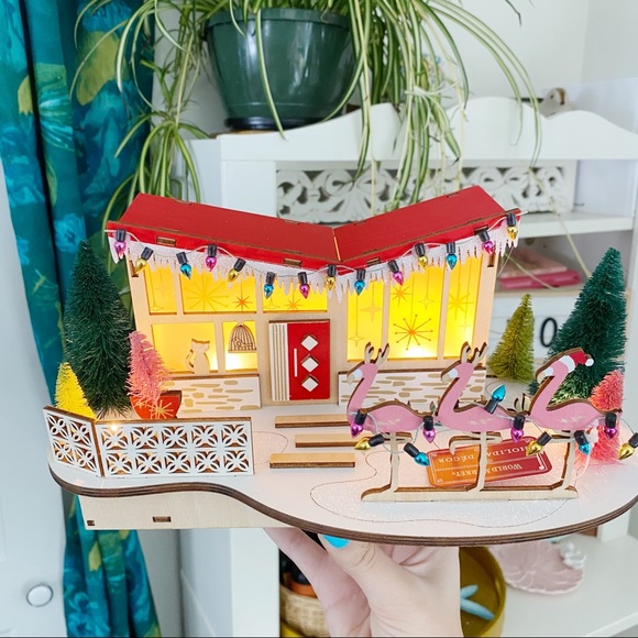 World Market Atomic Mid Century MCM Retro Atomic Christmas House New Wood Decor - Picture 2 of 13